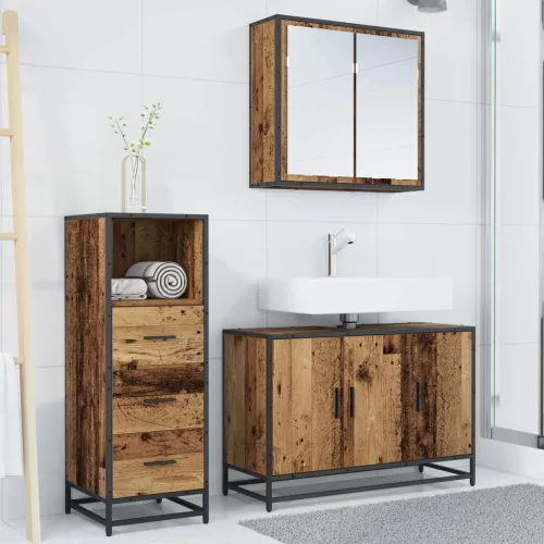  Fürdőszoba bútor szett fiókkal polcokkal 3 pcs Öreg fa Faanyag