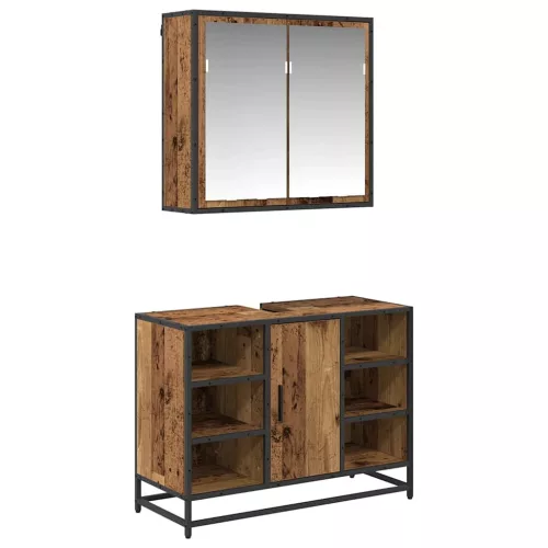  Fürdőszoba bútor szett polcokkal ajtóval 2 pcs Öreg fa Faanyag