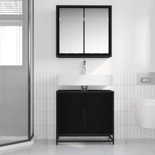  Fürdőszoba bútor szett polcokkal 2 pcs Fekete tölgy Faanyag