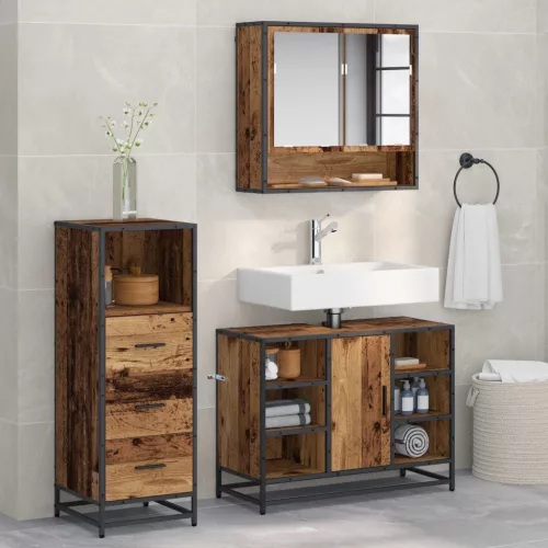  Fürdőszoba bútor szett fiókkal polcokkal 3 pcs Öreg fa Faanyag