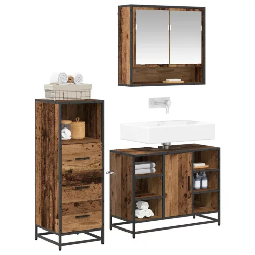  Fürdőszoba bútor szett fiókkal polcokkal 3 pcs Öreg fa Faanyag