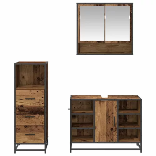  Fürdőszoba bútor szett fiókkal polcokkal 3 pcs Öreg fa Faanyag