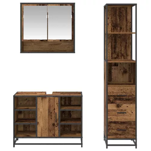  Fürdőszoba bútor szett fiókkal polcokkal 3 pcs Öreg fa Faanyag