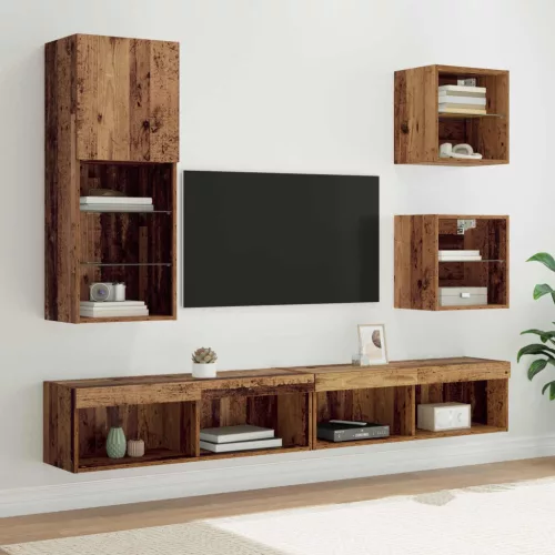 TV Fali Egységek LED-del LED -es lámpákkal 5 pcs Öreg fa Faanyag