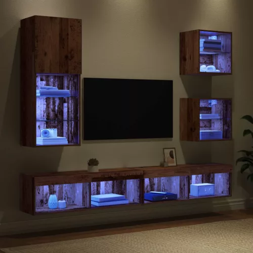 TV Fali Egységek LED-del LED -es lámpákkal 5 pcs Öreg fa Faanyag