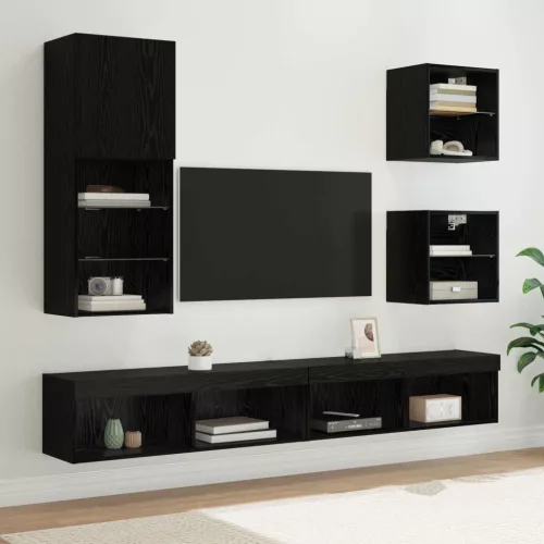 TV Fali Egységek LED-del LED -es lámpákkal 5 pcs Fekete tölgy Faanyag