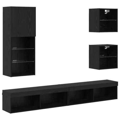 TV Fali Egységek LED-del LED -es lámpákkal 5 pcs Fekete tölgy Faanyag