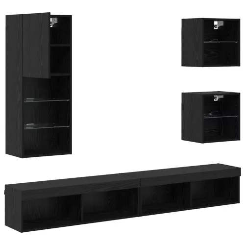 TV Fali Egységek LED-del LED -es lámpákkal 5 pcs Fekete tölgy Faanyag