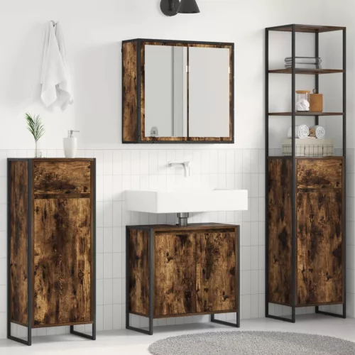  Fürdőszoba bútor szett fiókkal polcokkal Füstölt tölgy Faanyag