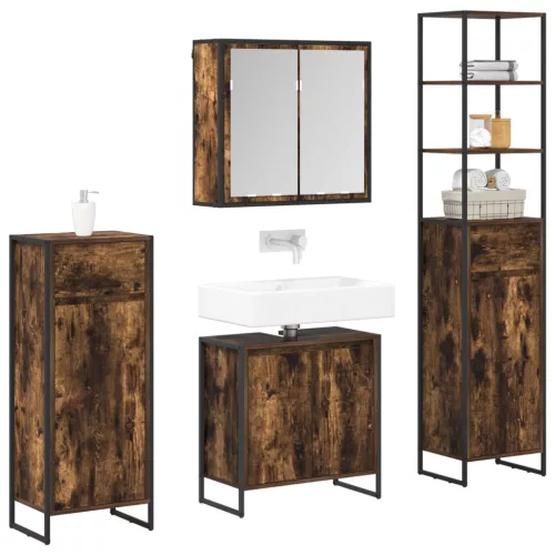  Fürdőszoba bútor szett fiókkal polcokkal Füstölt tölgy Faanyag