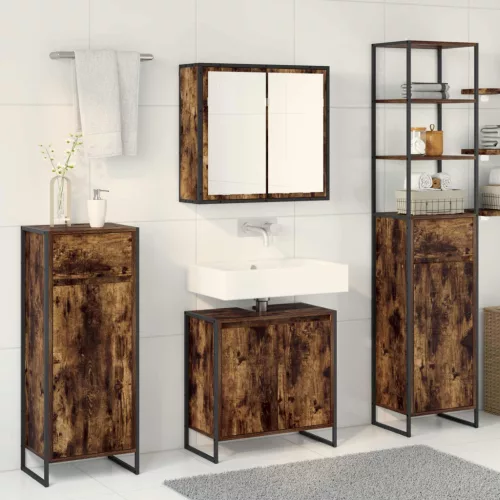  Fürdőszoba bútor szett fiókkal polcokkal Füstölt tölgy Faanyag