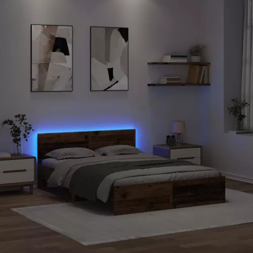  Ágykeret LED -es lámpákkal Öreg fa 150 x 200 cm Faanyag