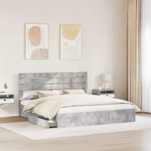  Ágykeret fiókkal fejtámlával Beton Szürke 200 x 200 cm Faanyag