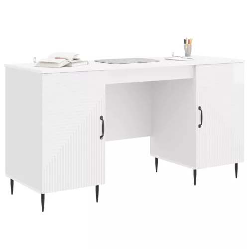  Asztal polcokkal Magasfényű Fehér 142,5 x 50 x 75 cm Szerelt Fa