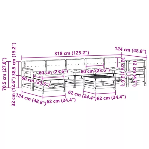  Kerti lounge szett 8 pcs Viaszbarna Tömör Fenyőfa