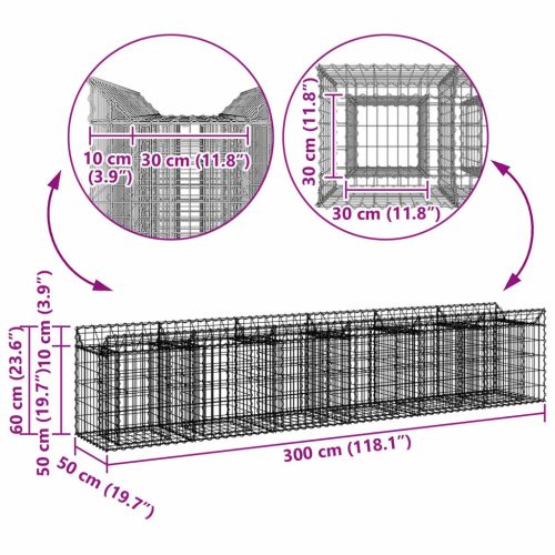  Gabion emelt ágy 2 pcs Ezüst 300 x 50 x 60 cm Horganyzott acél