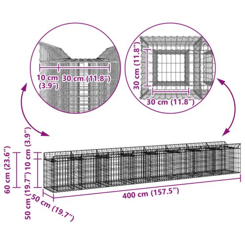  Gabion emelt ágy 2 pcs Ezüst 400 x 50 x 60 cm Horganyzott acél