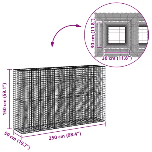  Gabion emelt ágy 3 pcs Ezüst 250 x 50 x 150 cm Horganyzott acél