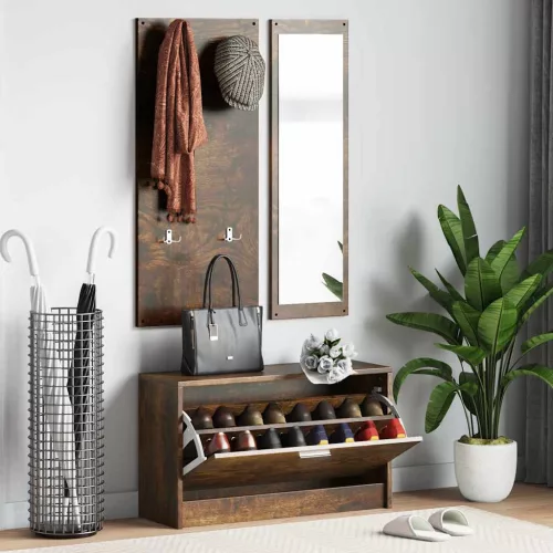  3 az 1-ben füstös tölgy szerelt fa cipőszekrény szett