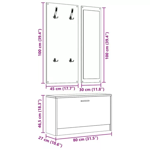  3 az 1-ben füstös tölgy szerelt fa cipőszekrény szett