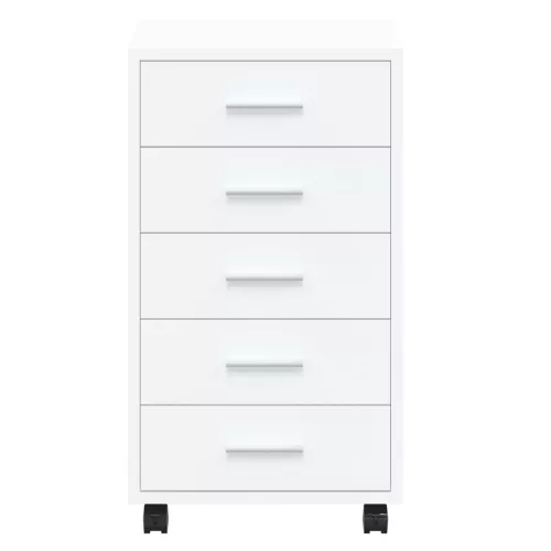  magasfényű fehér szerelt fa fiókos szekrény görgőkkel