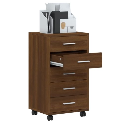  barna tölgy szerelt fa fiókos szekrény görgőkkel