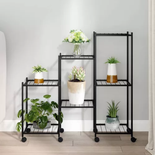  fekete vas virágtartó állvány kerekekkel 83 x 25 x 83,5 cm