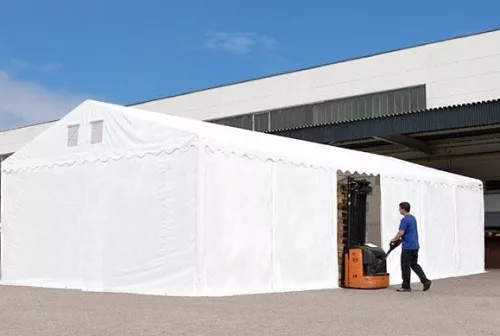 TP Professional 6x16m 2,6m oldalmagas raktársátor nehezen éghető PVC 1400 ponyvával, fehér