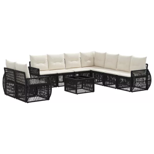  Kerti Kanapé Szett 10 pcs Fekete és krémfehér polirattan