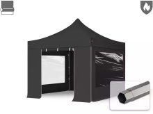   Professional összecsukható sátor PREMIUM 520g/m2 tűzálló ponyvával, acélszerkezettel, 4 oldalfallal, panoráma ablakkal - 3x3m fekete