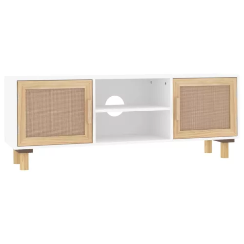  fehér fenyőfa és természetes rattan TV-szekrény 105x30x40 cm