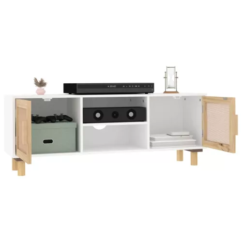  fehér fenyőfa és természetes rattan TV-szekrény 105x30x40 cm