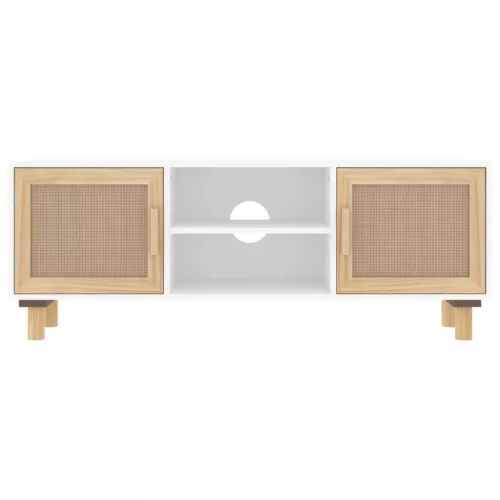  fehér fenyőfa és természetes rattan TV-szekrény 105x30x40 cm