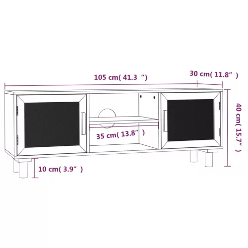  fehér fenyőfa és természetes rattan TV-szekrény 105x30x40 cm