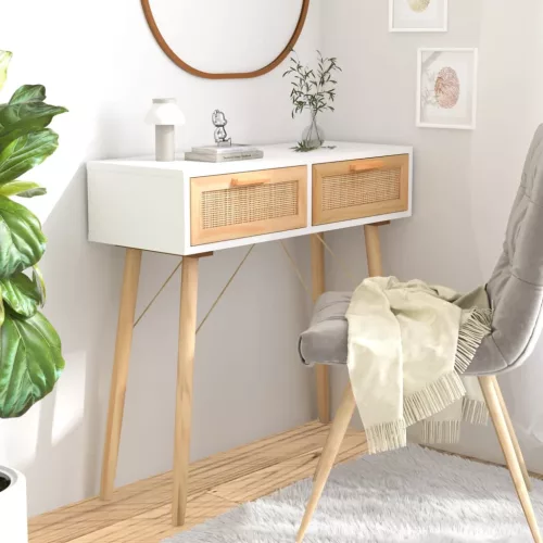 fehér tömör fenyő és természetes rattan tálaló 80x30x75 cm