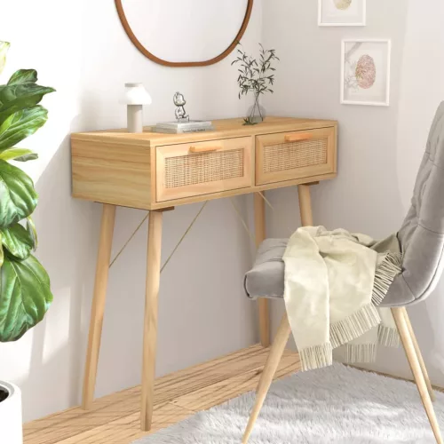  barna tömör fenyő és természetes rattan kisasztal 80x30x75 cm