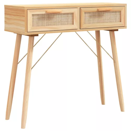  barna tömör fenyő és természetes rattan kisasztal 80x30x75 cm