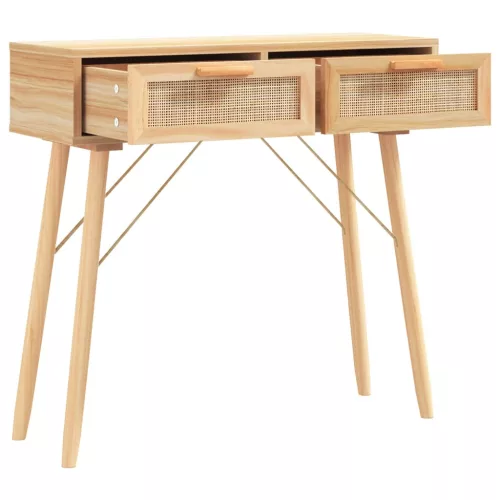  barna tömör fenyő és természetes rattan kisasztal 80x30x75 cm