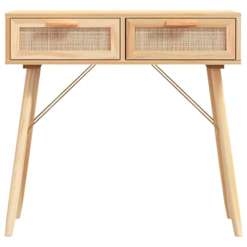  barna tömör fenyő és természetes rattan kisasztal 80x30x75 cm