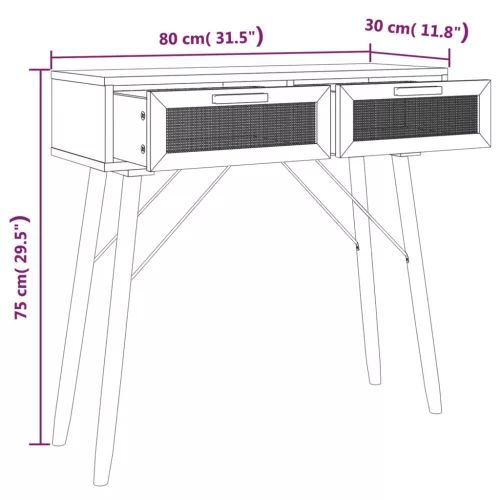  barna tömör fenyő és természetes rattan kisasztal 80x30x75 cm