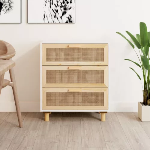  fehér tömör fenyő/természetes rattan tálalószekrény 60x30x70 cm