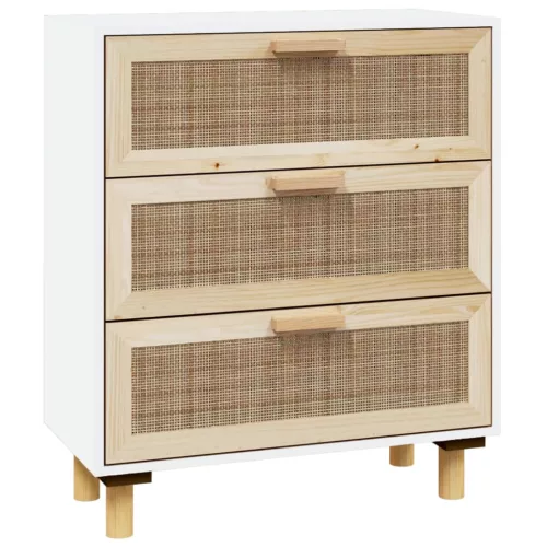  fehér tömör fenyő/természetes rattan tálalószekrény 60x30x70 cm