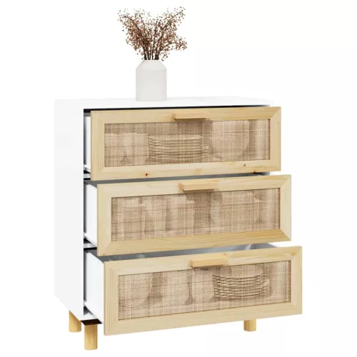  fehér tömör fenyő/természetes rattan tálalószekrény 60x30x70 cm