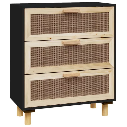  fekete tömör fenyő/természetes rattan tálalószekrény 60x30x70cm