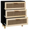  fekete tömör fenyő/természetes rattan tálalószekrény 60x30x70cm