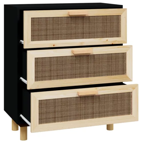  fekete tömör fenyő/természetes rattan tálalószekrény 60x30x70cm