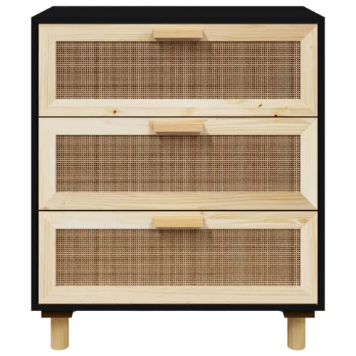 fekete tömör fenyő/természetes rattan tálalószekrény 60x30x70cm