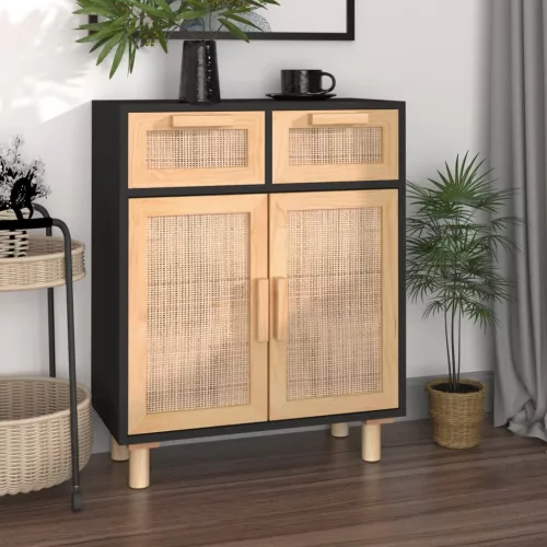  fekete tömör fenyő/természetes rattan tálalószekrény 60x30x75cm