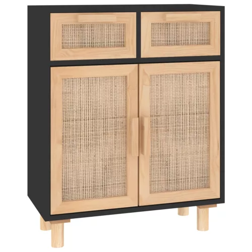  fekete tömör fenyő/természetes rattan tálalószekrény 60x30x75cm