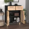  fekete tömör fenyő/természetes rattan tálalószekrény 60x30x75cm